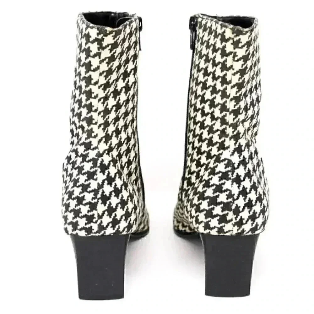 Black White Houndstooth Low Heel Bootie Size 6.5 US Retro Square Toe Ankle Boots